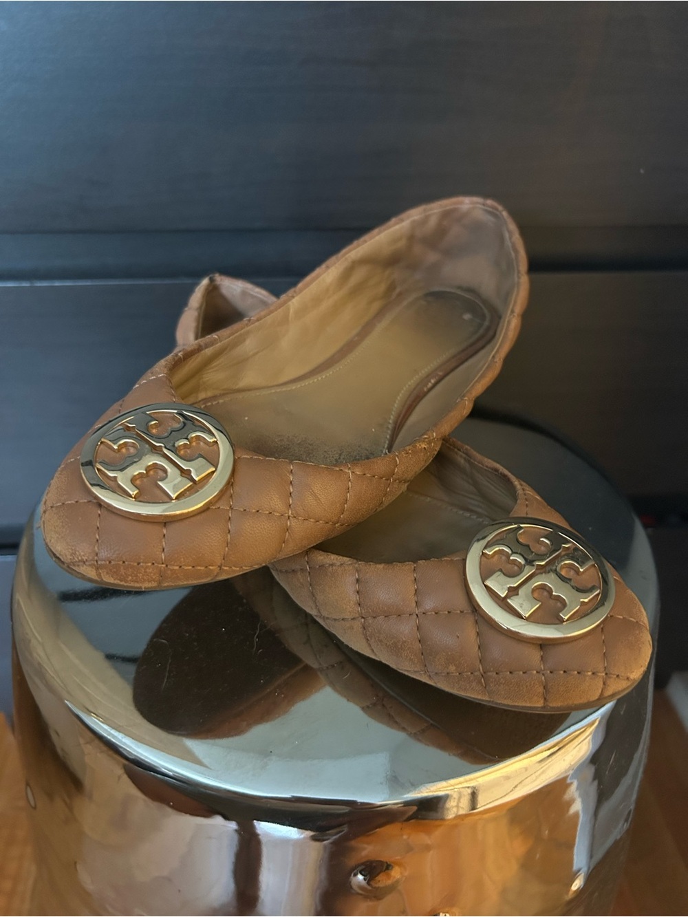 Tory Burch Quilted Tan Leather Ballet Flats with Gold Logo
